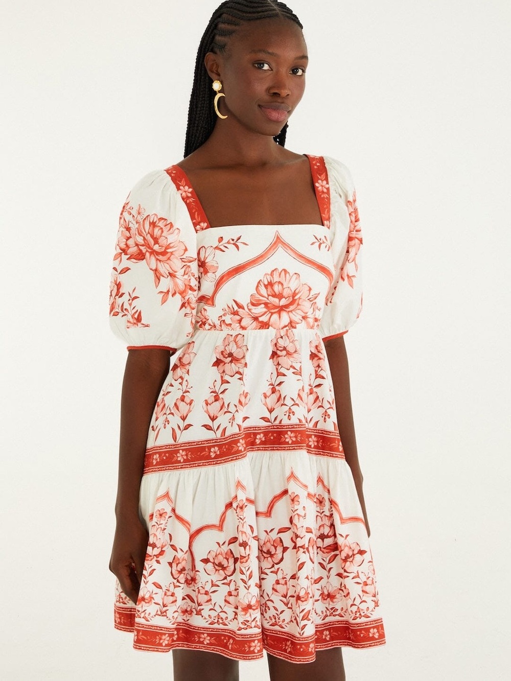 NWT FARM Rio White and Coral Floral Square-Neck Midi Dress XL